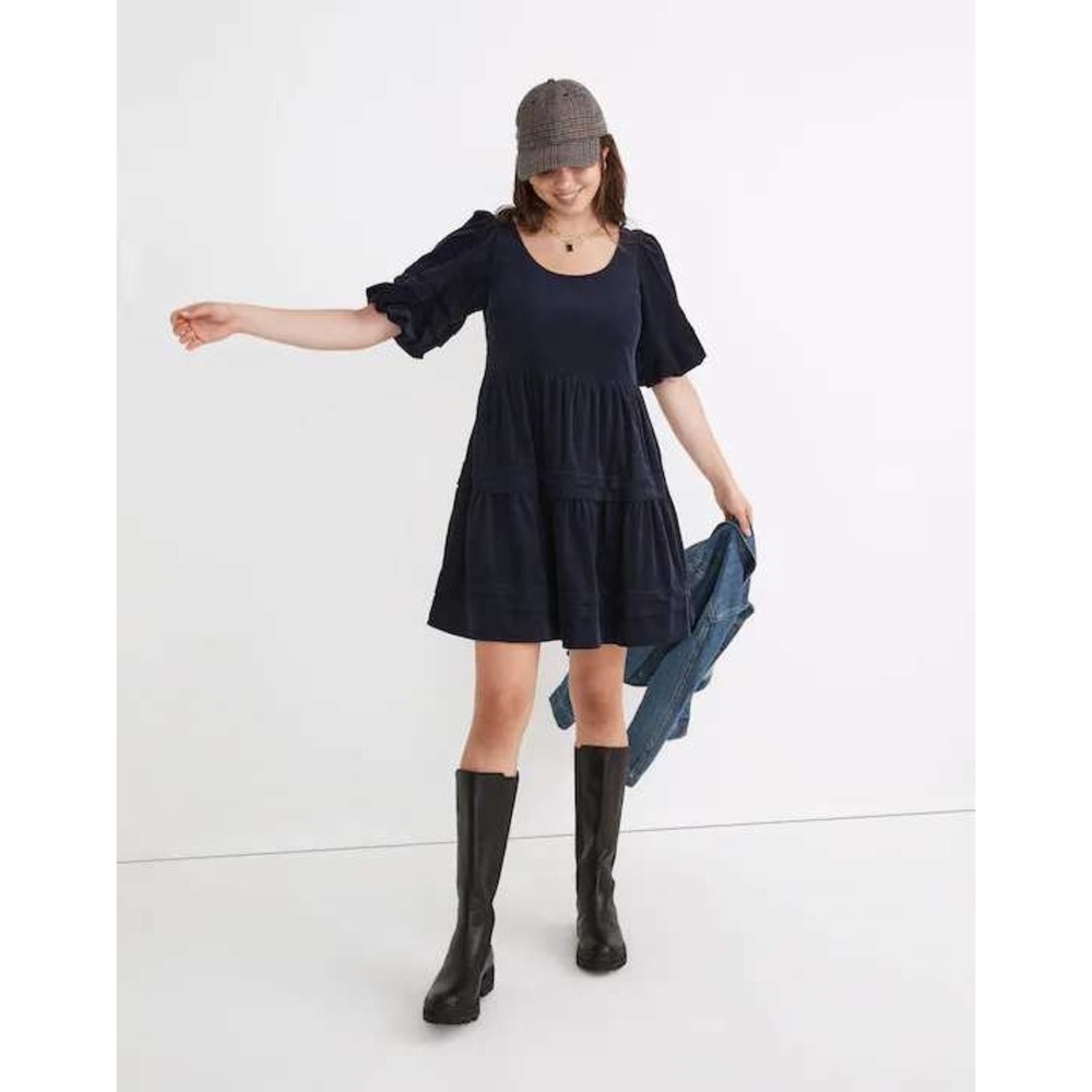Madewell Corduroy Puff Sleeve Tiered Dress Navy Blue Square Neck‎ XS